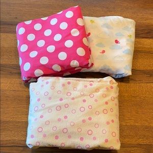 Set of 3 crib sheets, 2 regular, 1 flannel. EUC. Polka dot, birdies, flannel.